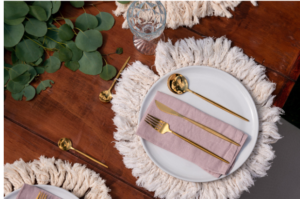 wedding china savings with pink and gold setting
