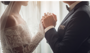 wedding couple holding hands 