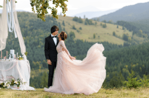 bride and groom in the fields learning about money dates