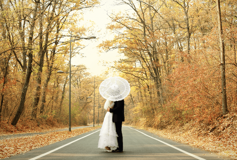 fall wedding photo of bride and groom