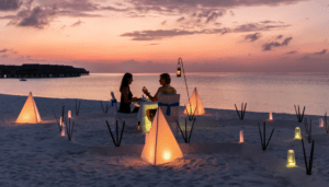 honeymoon on a beach at night with lights 