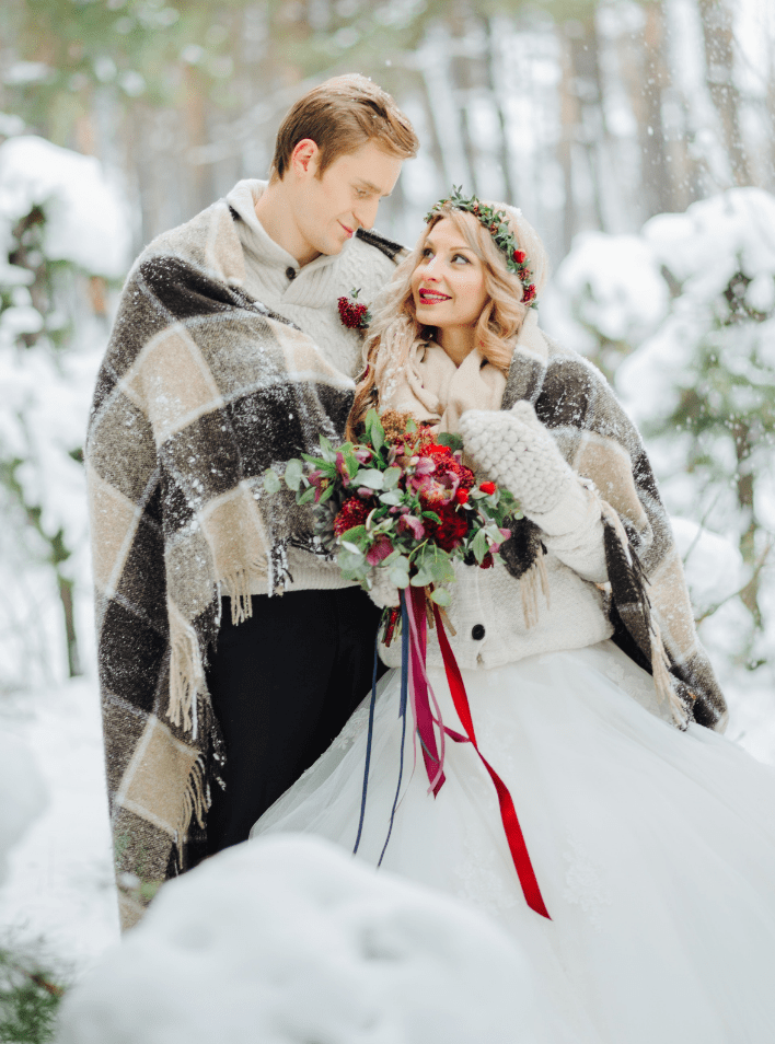 bride and groom in blanket for winter wedding