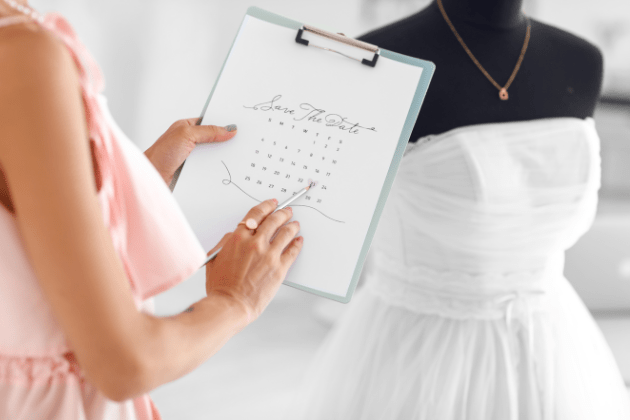 wedding planning in front of a gown 